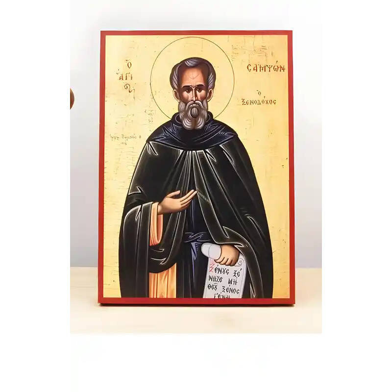 Εικόνα Ορθοδοξίας με περίγραμμα χρυσό σε ξύλο Φλαμουρίας  με  βάση Άγιος Σαμψών ο Φιλόξενος, Ξύλινη Χειροποίητη Εικόνα Ελληνικής Premium Βυζαντινού Στυλ Κρεμαστή σε ξύλινη πλάκα Χειροποίητη Ελληνορθόδοξη εικόνα του Ιησού Χριστού, Κρεμαστή πλάκα βυζαντινής τέχνης, χριστιανική τέχνη Διάσταση 10x7 cm (3,9 x 2,8 ίντσες)  INTRAEK-11212