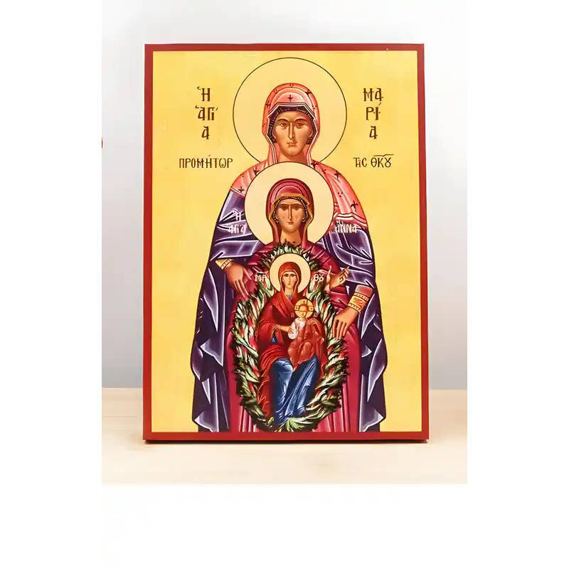 Εικόνα Ορθοδοξίας με περίγραμμα χρυσό σε ξύλο Φλαμουρίας  με  βάση Οι Αγίες Μαρία και Άννα οι Δίκαιοι Πρόγονοι του Θεού με την Παναγία και τον Ιησού Χριστό, Ξύλινη Χειροποίητη Εικόνα Ελληνικής Βυζαντινής Στυλ Χειροποίητη Ελληνορθόδοξη εικόνα του Ιησού Χριστού, Κρεμαστή πλάκα βυζαντινής τέχνης, χριστιανική τέχνη Διάσταση 10x7 cm (3,9 x 2,8 ίντσες)  INTRAEK-11210