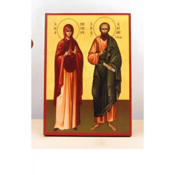 Εικόνα Ορθοδοξίας με περίγραμμα χρυσό σε ξύλο Φλαμουρίας  με  βάση Saints Priscilla and Aquila, Ξύλινη Χειροποίητη Εικόνα Ελληνικού Premium Βυζαντινού Στυλ Κρεμασμένη σε ξύλινη πλάκα Χειροποίητη Ελληνορθόδοξη εικόνα του Ιησού Χριστού, Κρεμαστή πλάκα βυζαντινής τέχνης, χριστιανική τέχνη 45x35 cm (17,7 x 13,8 ίντσες)  INTRAEK-342111206 - Image 1
