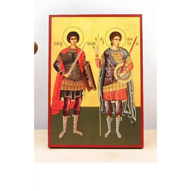 Εικόνα Ορθοδοξίας με περίγραμμα χρυσό σε ξύλο Φλαμουρίας  με  βάση Άγιοι Γεώργιος και Δημήτριος, Ξύλινη Χειροποίητη Εικόνα Ελληνικής Premium Βυζαντινού Στυλ Κρεμασμένη σε ξύλινη πλάκα Χειροποίητη Ελληνορθόδοξη εικόνα του Ιησού Χριστού, Κρεμαστή πλάκα βυζαντινής τέχνης, χριστιανική τέχνη Διάσταση 10x7 cm (3,9 x 2,8 ίντσες)  INTRAEK-11205