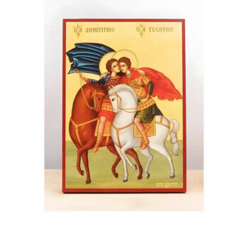Εικόνα Ορθοδοξίας με περίγραμμα χρυσό σε ξύλο Φλαμουρίας  με  βάση Άγιοι Γεώργιος και Δημήτριος Έφιππος, Ξύλινη Χειροποίητη Εικόνα Ελληνικού Βυζαντινού Στυλ Κρεμαστή σε ξύλινη πλάκα Χειροποίητη Ελληνορθόδοξη εικόνα του Ιησού Χριστού, Κρεμαστή πλάκα βυζαντινής τέχνης, χριστιανική τέχνη 45x35 cm (17,7 x 13,8 ίντσες)  INTRAEK-342111204 - Image 1