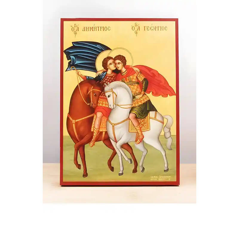 Εικόνα Ορθοδοξίας με περίγραμμα χρυσό σε ξύλο Φλαμουρίας  με  βάση Άγιοι Γεώργιος και Δημήτριος Έφιππος, Ξύλινη Χειροποίητη Εικόνα Ελληνικού Βυζαντινού Στυλ Κρεμαστή σε ξύλινη πλάκα Χειροποίητη Ελληνορθόδοξη εικόνα του Ιησού Χριστού, Κρεμαστή πλάκα βυζαντινής τέχνης, χριστιανική τέχνη Διάσταση 10x7 cm (3,9 x 2,8 ίντσες)  INTRAEK-11204