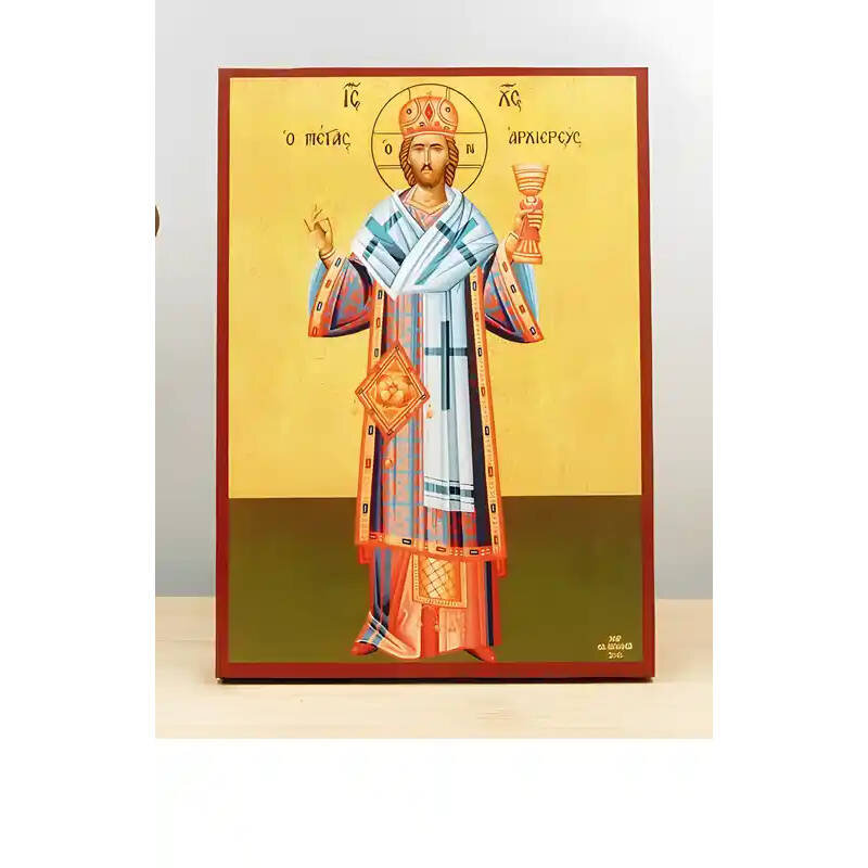 Εικόνα Ορθοδοξίας με περίγραμμα χρυσό σε ξύλο Φλαμουρίας  με  βάση Ιησούς Χριστός ο Μέγας Αρχιερέας, Ξύλινη Χειροποίητη Εικόνα Ελληνικού Βυζαντινού Στυλ τοίχου Κρεμασμένη σε ξύλινη πλάκα Θρησκευτικό θέμα Χειροποίητη Ελληνορθόδοξη εικόνα του Ιησού Χριστού, Κρεμαστή πλάκα βυζαντινής τέχνης, χριστιανική τέχνη Διάσταση 10x7 cm (3,9 x 2,8 ίντσες)  INTRAEK-11203