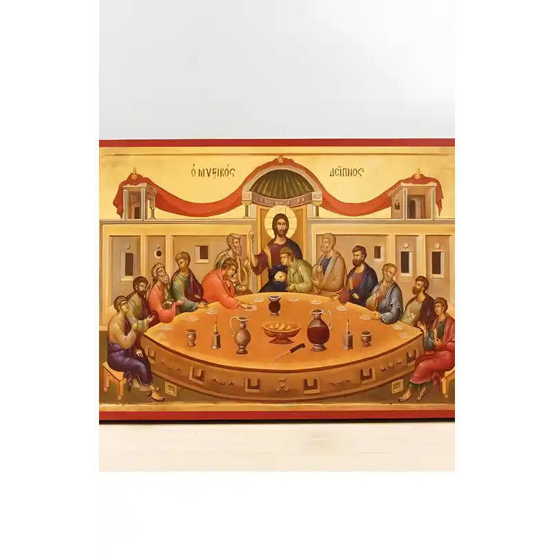Εικόνα Ορθοδοξίας με περίγραμμα χρυσό σε ξύλο Φλαμουρίας  με  βάση Ο Μυστικός Δείπνος Ο Ιησούς Χριστός με τους Αποστόλους, Ξύλινη Χειροποίητη Εικόνα Ελληνικού Premium Βυζαντινού Στυλ Κρεμασμένο σε ξύλινη πλάκα Θρησκευτικό θέμα Χειροποίητη Ελληνορθόδοξη εικόνα του Ιησού Χριστού, Κρεμαστή πλάκα βυζαντινής τέχνης, χριστιανική τέχνη Δίασταση 50x40 cm (19,7 x 15,8)  INTRAEK-11342111198