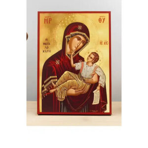Εικόνα Ορθοδοξίας με περίγραμμα χρυσό σε ξύλο Φλαμουρίας  με  βάση Παναγία της Μεγάλης Χάριτος «Μεγαλόχαρη» με τον Ιησού, Ξύλινη Χειροποίητη Εικόνα Ελληνική Premium Βυζαντινού Στυλ Κρεμαστή Ξύλινη Πλάκα Θρησκευτική Χειροποίητη Ελληνορθόδοξη εικόνα του Ιησού Χριστού, Κρεμαστή πλάκα βυζαντινής τέχνης, χριστιανική τέχνη 45x35 cm (17,7 x 13,8 ίντσες)  INTRAEK-342111197