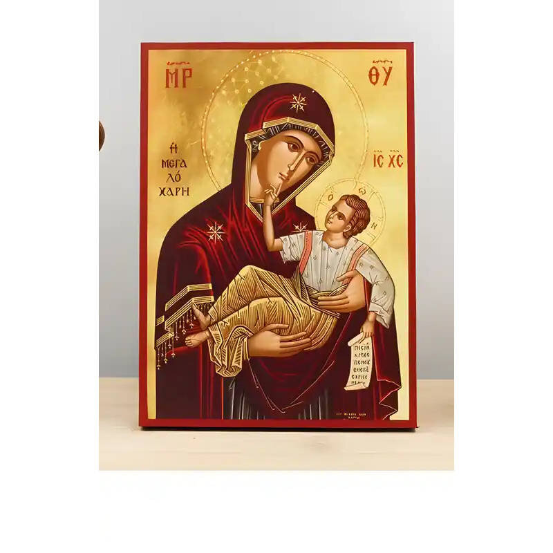 Εικόνα Ορθοδοξίας με περίγραμμα χρυσό σε ξύλο Φλαμουρίας  με  βάση Παναγία της Μεγάλης Χάριτος «Μεγαλόχαρη» με τον Ιησού, Ξύλινη Χειροποίητη Εικόνα Ελληνική Premium Βυζαντινού Στυλ Κρεμαστή Ξύλινη Πλάκα Θρησκευτική Χειροποίητη Ελληνορθόδοξη εικόνα του Ιησού Χριστού, Κρεμαστή πλάκα βυζαντινής τέχνης, χριστιανική τέχνη Δίασταση 50x40 cm (19,7 x 15,8)  INTRAEK-11342111197