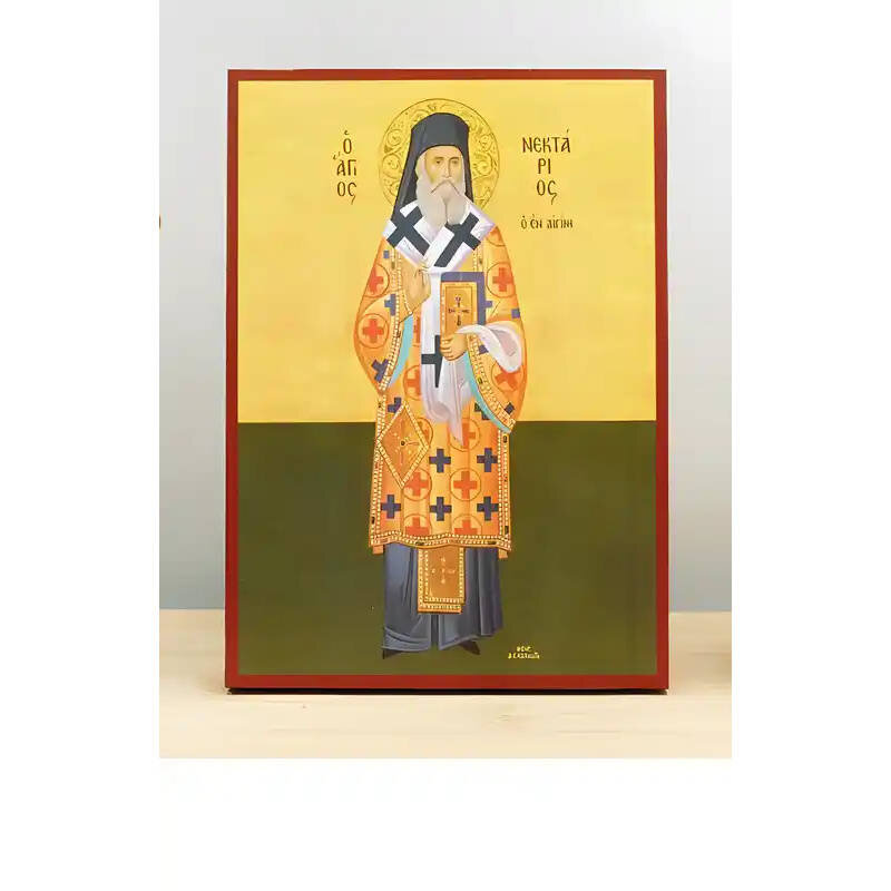 Εικόνα Ορθοδοξίας με περίγραμμα χρυσό σε ξύλο Φλαμουρίας  με  βάση Άγιος Νεκτάριος Μητροπολίτης Πενταπόλεως και Θαυματουργός Αίγινας Fullboby, Ξύλινη Χειροποίητη Εικόνα Ελληνική Βυζαντινή Τοίχο Χειροποίητη Ελληνορθόδοξη εικόνα του Ιησού Χριστού, Κρεμαστή πλάκα βυζαντινής τέχνης, χριστιανική τέχνη Διάσταση 10x7 cm (3,9 x 2,8 ίντσες)  INTRAEK-11193