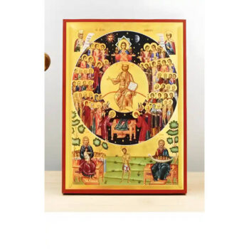 Εικόνα Ορθοδοξίας με περίγραμμα χρυσό σε ξύλο Φλαμουρίας  με  βάση Γιορτή των Αγίων Πάντων, Ξύλινη Χειροποίητη Εικόνα Ελληνικού Premium Βυζαντινού Στυλ Κρεμασμένο σε ξύλινη πλάκα Θρησκευτικό θέμα Χειροποίητη Ελληνορθόδοξη εικόνα του Ιησού Χριστού, Κρεμαστή πλάκα βυζαντινής τέχνης, χριστιανική τέχνη 45x35 cm (17,7 x 13,8 ίντσες)  INTRAEK-342111190 - Image 1