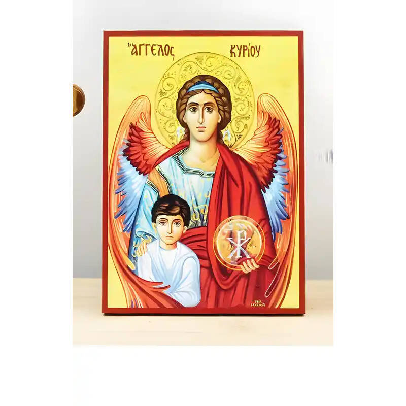 Εικόνα Ορθοδοξίας με περίγραμμα χρυσό σε ξύλο Φλαμουρίας  με  βάση Angel of the Lord Protector of Children, Ξύλινη Χειροποίητη Εικόνα Ελληνικού Premium Βυζαντινού Στυλ Κρεμασμένο σε ξύλινη πλάκα Θρησκευτικό θέμα Χειροποίητη Ελληνορθόδοξη εικόνα του Ιησού Χριστού, Κρεμαστή πλάκα βυζαντινής τέχνης, χριστιανική τέχνη Διάσταση 10x7 cm (3,9 x 2,8 ίντσες)  INTRAEK-11187