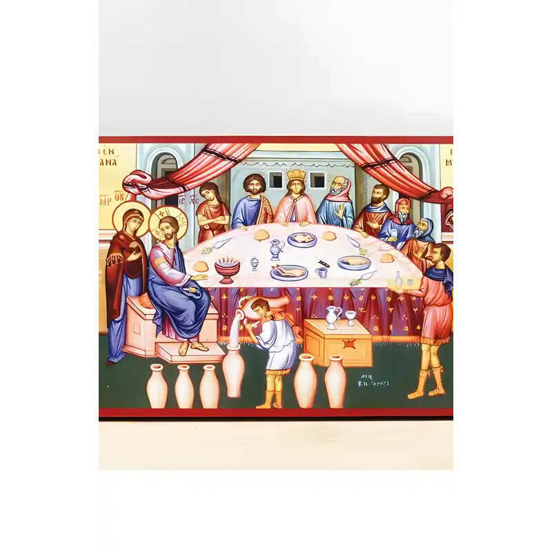 Εικόνα Ορθοδοξίας με περίγραμμα χρυσό σε ξύλο Φλαμουρίας  με  βάση Γάμος Ιησούς Χριστός στην Κανά, Ξύλινη Χειροποίητη Εικόνα Ελληνικού Premium Βυζαντινού Στυλ τοίχου που κρεμιέται σε ξύλινη πλάκα Ορθόδοξο θρησκευτικό θέμα Χειροποίητη Ελληνορθόδοξη εικόνα του Ιησού Χριστού, Κρεμαστή πλάκα βυζαντινής τέχνης, χριστιανική τέχνη Διάσταση 10x7 cm (3,9 x 2,8 ίντσες)  INTRAEK-11185