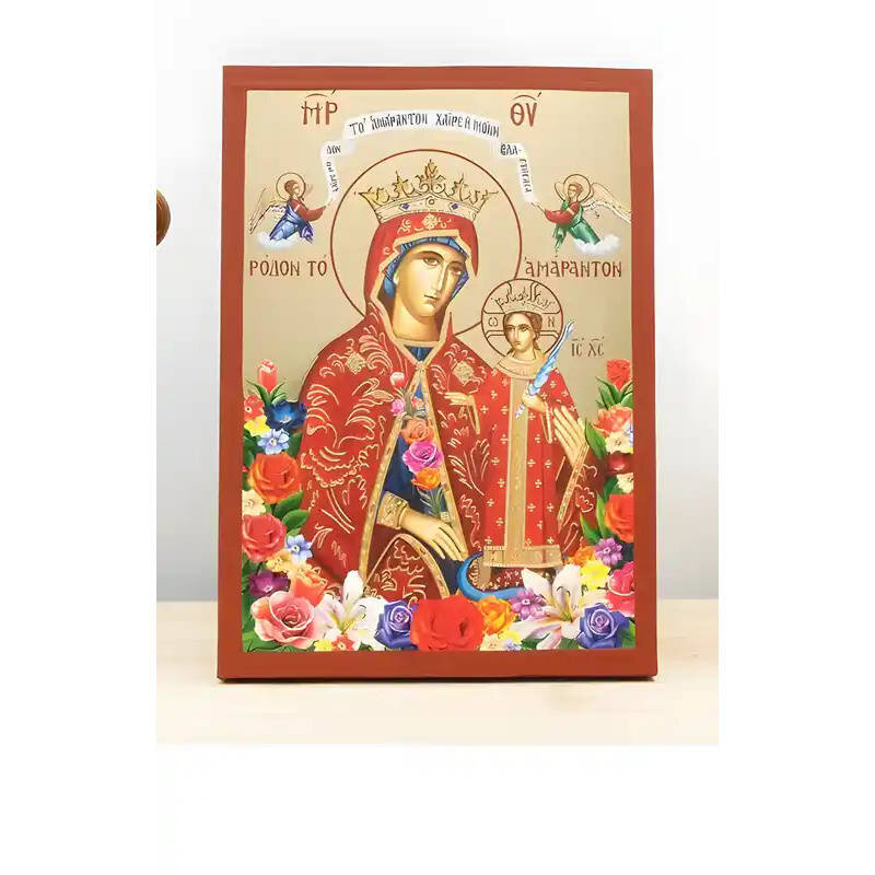 Εικόνα Ορθοδοξίας με περίγραμμα χρυσό σε ξύλο Φλαμουρίας  με  βάση Παναγία τα Αξεθώρια Τριαντάφυλλα με τον Ιησού, Ξύλινη Χειροποίητη Εικόνα με Ψηφιακή Εκτύπωση Ελληνικό Premium Βυζαντινού Στυλ Κρεμαστό τοίχου Θρησκευτικά Χειροποίητη Ελληνορθόδοξη εικόνα του Ιησού Χριστού, Κρεμαστή πλάκα βυζαντινής τέχνης, χριστιανική τέχνη Διάσταση 40x30 cm (15,8 x 11,8 ίντσες)  INTRAEK-2111178
