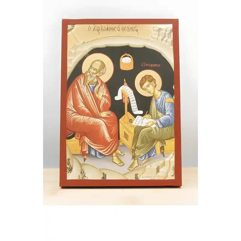 Εικόνα Ορθοδοξίας με περίγραμμα χρυσό σε ξύλο Φλαμουρίας  με  βάση Ο Άγιος Ιωάννης ο Θεολόγος στο Σπήλαιο της Αποκάλυψης, Ξύλινη Χειροποίητη Εικόνα με  Ψηφιακή Εκτύπωση Ελληνικής Βυζαντινής Τεχνολογίας Χειροποίητη Ελληνορθόδοξη εικόνα του Ιησού Χριστού, Κρεμαστή πλάκα βυζαντινής τέχνης, χριστιανική τέχνη Διάσταση 10x7 cm (3,9 x 2,8 ίντσες)  INTRAEK-11173