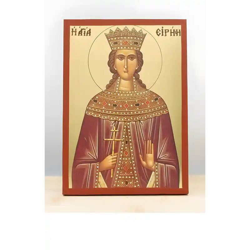 Εικόνα Ορθοδοξίας με περίγραμμα χρυσό σε ξύλο Φλαμουρίας  με  βάση Αγία Ειρήνη η Μεγαλομάρτυς, Ξύλινη Χειροποίητη Εικόνα με Ψηφιακή Εκτύπωση Ελληνικό Premium Βυζαντινού Στυλ Κρεμαστό τοίχου Θρησκευτικό Θέμα Χειροποίητη Ελληνορθόδοξη εικόνα του Ιησού Χριστού, Κρεμαστή πλάκα βυζαντινής τέχνης, χριστιανική τέχνη Διάσταση 10x7 cm (3,9 x 2,8 ίντσες)  INTRAEK-11172