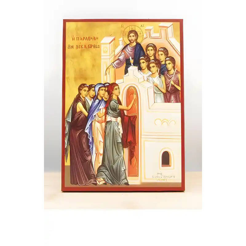 Εικόνα Ορθοδοξίας με περίγραμμα χρυσό σε ξύλο Φλαμουρίας  με  βάση Ιησούς Χριστός Παραβολή των Δέκα Παρθένων, Ξύλινη Χειροποίητη Εικόνα Ελληνικού Βυζαντινού Στυλ τοίχου που κρέμεται σε ξύλινη πλάκα Θρησκευτικό θέμα Χειροποίητη Ελληνορθόδοξη εικόνα του Ιησού Χριστού, Κρεμαστή πλάκα βυζαντινής τέχνης, χριστιανική τέχνη Διάσταση 40x30 cm (15,8 x 11,8 ίντσες)  INTRAEK-2111170