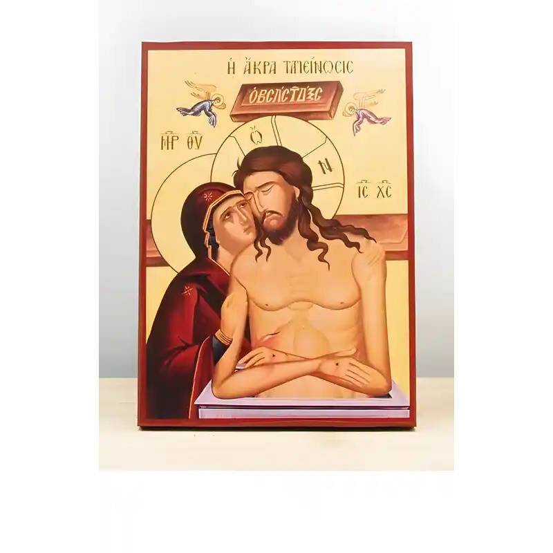 Εικόνα Ορθοδοξίας με περίγραμμα χρυσό σε ξύλο Φλαμουρίας  με  βάση Jesus Christ Man of Sorrows "Extreme Humility" με την Παναγία, Ξύλινη Χειροποίητη Εικόνα Ελληνικής Premium Βυζαντινού Στυλ Κρεμάστρα τοίχου Χειροποίητη Ελληνορθόδοξη εικόνα του Ιησού Χριστού, Κρεμαστή πλάκα βυζαντινής τέχνης, χριστιανική τέχνη Διάσταση 10x7 cm (3,9 x 2,8 ίντσες)  INTRAEK-11168