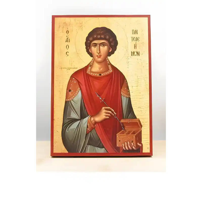 Εικόνα Ορθοδοξίας με περίγραμμα χρυσό σε ξύλο Φλαμουρίας  με  βάση Άγιος Παντελεήμονας ο Μεγαλομάρτυς, Ξύλινη Χειροποίητη Εικόνα Ελληνικού Βυζαντινού Στυλ Κρεμαστή σε ξύλινη πλάκα Χειροποίητη Ελληνορθόδοξη εικόνα του Ιησού Χριστού, Κρεμαστή πλάκα βυζαντινής τέχνης, χριστιανική τέχνη Διάσταση 10x7 cm (3,9 x 2,8 ίντσες)  INTRAEK-11165