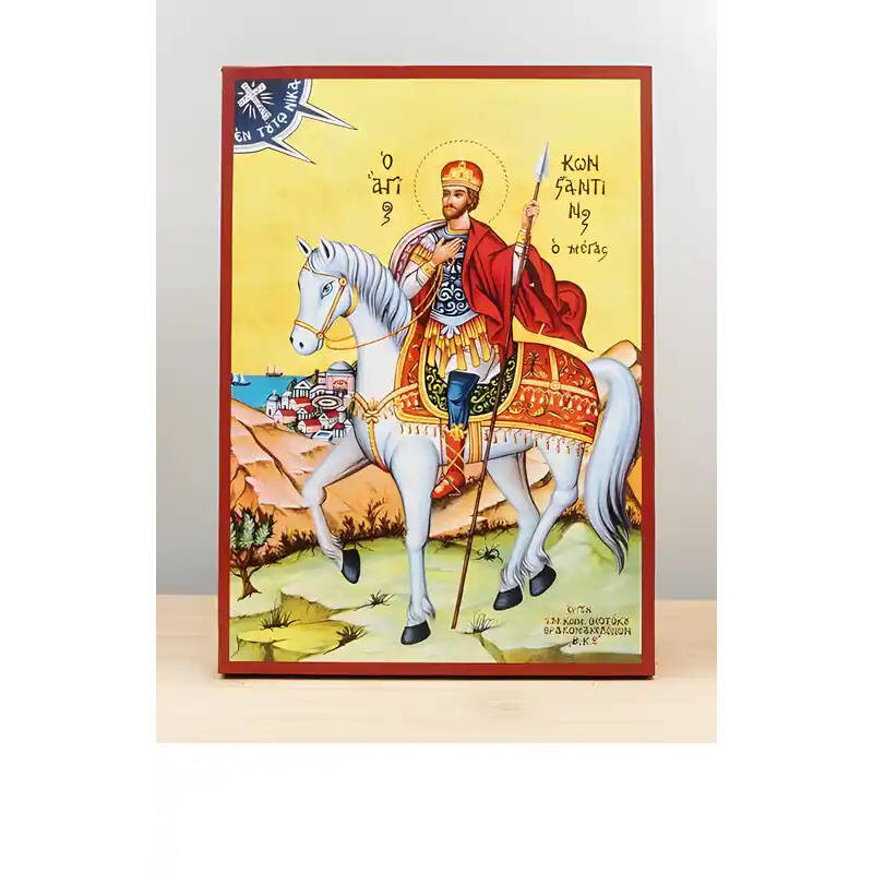 Εικόνα Ορθοδοξίας με περίγραμμα χρυσό σε ξύλο Φλαμουρίας  με  βάση Ο Άγιος Κωνσταντίνος ο Μέγας έφιππος, Ξύλινη Χειροποίητη Εικόνα Ελληνικής Premium Βυζαντινού Στυλ Κρεμαστή σε ξύλινη πλάκα Χειροποίητη Ελληνορθόδοξη εικόνα του Ιησού Χριστού, Κρεμαστή πλάκα βυζαντινής τέχνης, χριστιανική τέχνη Διάσταση 10x7 cm (3,9 x 2,8 ίντσες)  INTRAEK-11164