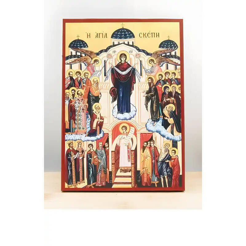 Εικόνα Ορθοδοξίας με περίγραμμα χρυσό σε ξύλο Φλαμουρίας  με  βάση Παναγία Αναπαράσταση Ιεράς Σκήπης, Ξύλινη Χειροποίητη Εικόνα Ελληνικού Premium Βυζαντινού Στυλ Κρεμαστή σε ξύλινη πλάκα Θρησκευτικό Θέμα Χειροποίητη Ελληνορθόδοξη εικόνα του Ιησού Χριστού, Κρεμαστή πλάκα βυζαντινής τέχνης, χριστιανική τέχνη Διάσταση 40x30 cm (15,8 x 11,8 ίντσες)  INTRAEK-2111162