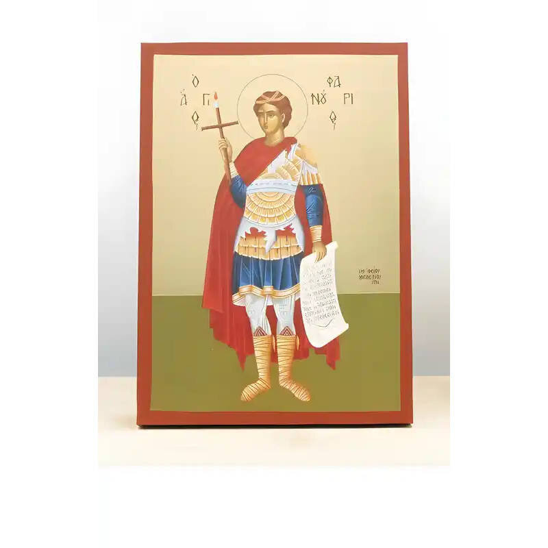 Εικόνα Ορθοδοξίας με περίγραμμα χρυσό σε ξύλο Φλαμουρίας  με  βάση Άγιος Φανούριος ο Νεοφανής Ολόσωμος, Ξύλινη Χειροποίητη Εικόνα με Φύλλο Χρυσού Ελληνικού Premium Βυζαντινού Στυλ Κρεμαστό τοίχου Θρησκευτικό Θέμα Χειροποίητη Ελληνορθόδοξη εικόνα του Ιησού Χριστού, Κρεμαστή πλάκα βυζαντινής τέχνης, χριστιανική τέχνη Διάσταση 10x7 cm (3,9 x 2,8 ίντσες)  INTRAEK-11161