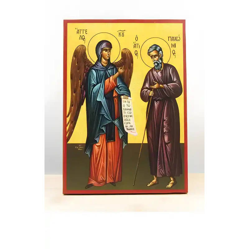 Εικόνα Ορθοδοξίας με περίγραμμα χρυσό σε ξύλο Φλαμουρίας  με  βάση Άγιος Παχώμιος ο Μέγας με Άγγελο, Ξύλινη Χειροποίητη Εικόνα Ελληνικού Premium Βυζαντινού Στυλ Κρεμασμένο σε ξύλινη πλάκα Θρησκευτικό θέμα Χειροποίητη Ελληνορθόδοξη εικόνα του Ιησού Χριστού, Κρεμαστή πλάκα βυζαντινής τέχνης, χριστιανική τέχνη Διάσταση 40x30 cm (15,8 x 11,8 ίντσες)  INTRAEK-2111160