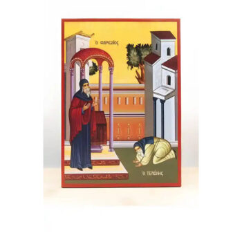 Εικόνα Ορθοδοξίας με περίγραμμα χρυσό σε ξύλο Φλαμουρίας  με  βάση Κυριακή του Τελώνη και του Φαρισαίου, Ξύλινη Χειροποίητη Εικόνα Ελληνικού Βυζαντινού Στυλ Κρεμασμένη σε ξύλινη πλάκα Χειροποίητη Ελληνορθόδοξη εικόνα του Ιησού Χριστού, Κρεμαστή πλάκα βυζαντινής τέχνης, χριστιανική τέχνη 45x35 cm (17,7 x 13,8 ίντσες)  INTRAEK-342111156 - Image 1