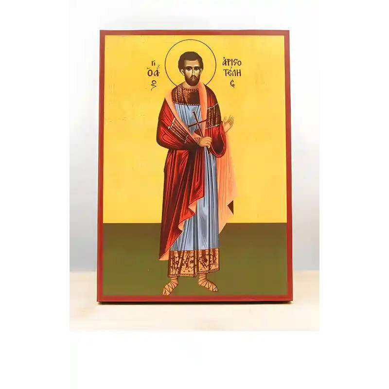 Εικόνα Ορθοδοξίας με περίγραμμα χρυσό σε ξύλο Φλαμουρίας  με  βάση Άγιος Αριστοτέλης ο Μάρτυρας, Ξύλινη Χειροποίητη Εικόνα Ελληνικού Βυζαντινού Στυλ Κρεμαστή σε ξύλινη πλάκα Χειροποίητη Ελληνορθόδοξη εικόνα του Ιησού Χριστού, Κρεμαστή πλάκα βυζαντινής τέχνης, χριστιανική τέχνη Διάσταση 10x7 cm (3,9 x 2,8 ίντσες)  INTRAEK-11153