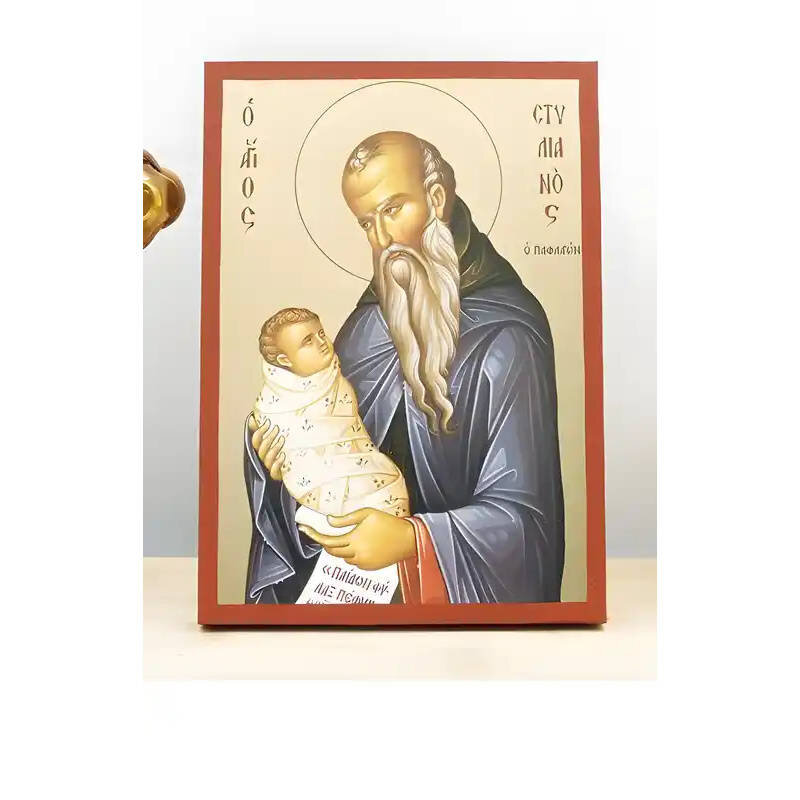 Εικόνα Ορθοδοξίας με περίγραμμα χρυσό σε ξύλο Φλαμουρίας  με  βάση Άγιος Στυλιανός Παφλαγονίας, Ξύλινη Χειροποίητη Εικόνα με Ψηφιακή Εκτύπωση Ελληνικό Premium Βυζαντινού Στυλ Κρεμαστό τοίχου Θρησκευτικό Θέμα Χειροποίητη Ελληνορθόδοξη εικόνα του Ιησού Χριστού, Κρεμαστή πλάκα βυζαντινής τέχνης, χριστιανική τέχνη Διάσταση 10x7 cm (3,9 x 2,8 ίντσες)  INTRAEK-11151