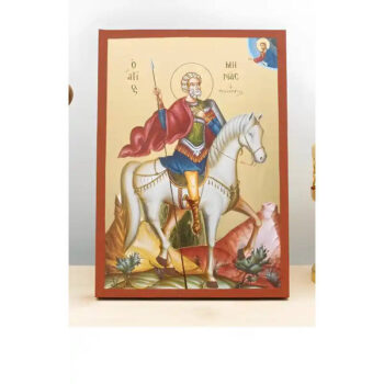 Εικόνα Ορθοδοξίας με περίγραμμα χρυσό σε ξύλο Φλαμουρίας με βάση Άγιος Μηνάς της Αιγύπτου έφιππος, Ξύλινη χειροποίητη εικόνα μεΨηφιακή Εκτύπωση θρησκευτικό θέμα Ελληνικό Premium Βυζαντινού Στυλ σε τοίχο Χειροποίητη Ελληνορθόδοξη εικόνα του Ιησού Χριστού, Κρεμαστή πλάκα βυζαντινής τέχνης, χριστιανική τέχνη 45x35 cm (17,7 x 13,8 ίντσες) INTRAEK-342111150 - Image 1