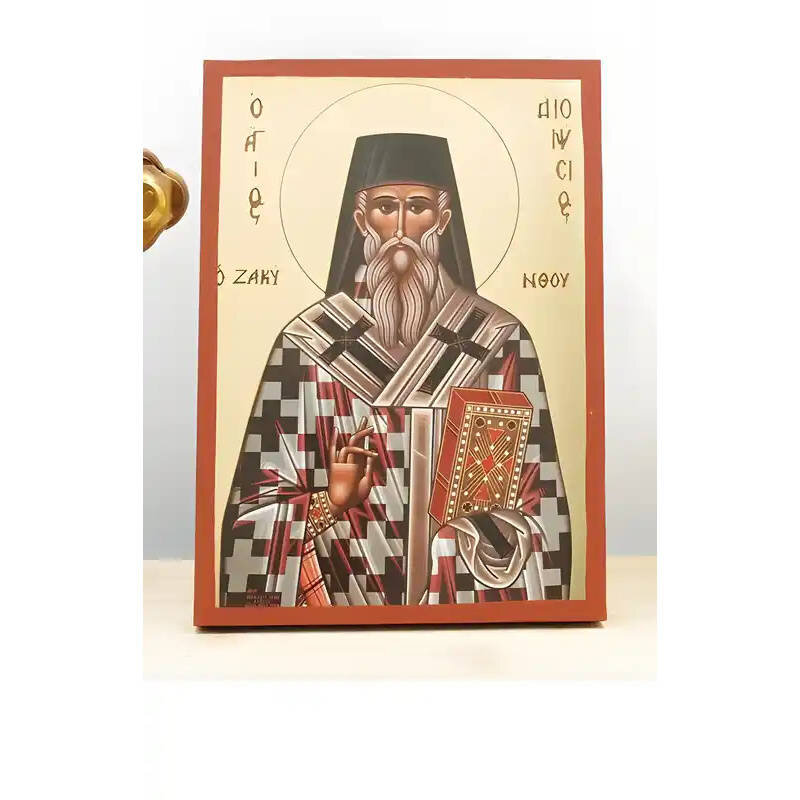 Εικόνα Ορθοδοξίας με περίγραμμα χρυσό σε ξύλο Φλαμουρίας  με  βάση Άγιος Διονύσιος Ζακύνθου, Ξύλινη Χειροποίητη Εικόνα με Ψηφιακή Εκτύπωση Ελληνικό Premium Βυζαντινού Στυλ Κρεμαστό τοίχου Θρησκευτικό Θέμα Χειροποίητη Ελληνορθόδοξη εικόνα του Ιησού Χριστού, Κρεμαστή πλάκα βυζαντινής τέχνης, χριστιανική τέχνη Διάσταση 10x7 cm (3,9 x 2,8 ίντσες)  INTRAEK-11148