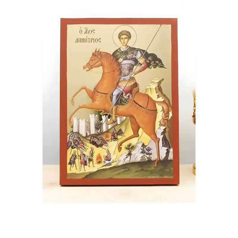Εικόνα Ορθοδοξίας με περίγραμμα χρυσό σε ξύλο Φλαμουρίας  με  βάση Άγιος Δημήτριος Θεσσαλονίκης, Ξύλινη Χειροποίητη Εικόνα με Ψηφιακή Εκτύπωση Ελληνικό Premium Βυζαντινού Στυλ Κρεμαστό τοίχου Θρησκευτικό Θέμα Χειροποίητη Ελληνορθόδοξη εικόνα του Ιησού Χριστού, Κρεμαστή πλάκα βυζαντινής τέχνης, χριστιανική τέχνη Διάσταση 10x7 cm (3,9 x 2,8 ίντσες)  INTRAEK-11147