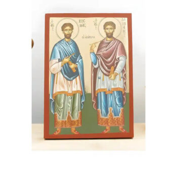 Εικόνα Ορθοδοξίας με περίγραμμα χρυσό σε ξύλο Φλαμουρίας με βάση Άγιοι Άγιοι Ανεργοφόροι Κοσμάς και Δαμιανός, Ξύλινη Χειροποίητη Εικόνα με Φύλλο Χρυσού Ελληνικού Premium Βυζαντινού Στυλ Κρεμαστό τοίχου Θρησκευτικό Θέμα Χειροποίητη Ελληνορθόδοξη εικόνα του Ιησού Χριστού, Κρεμαστή πλάκα βυζαντινής τέχνης, χριστιανική τέχνη Διάσταση 26x20 cm (10,2 x 7,9 ίντσες) INTRAEK-22611146 - Image 1