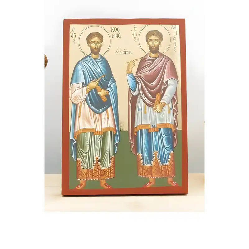 Εικόνα Ορθοδοξίας με περίγραμμα χρυσό σε ξύλο Φλαμουρίας  με  βάση Άγιοι Άγιοι Ανεργοφόροι Κοσμάς και Δαμιανός, Ξύλινη Χειροποίητη Εικόνα με Φύλλο Χρυσού Ελληνικού Premium Βυζαντινού Στυλ Κρεμαστό τοίχου Θρησκευτικό Θέμα Χειροποίητη Ελληνορθόδοξη εικόνα του Ιησού Χριστού, Κρεμαστή πλάκα βυζαντινής τέχνης, χριστιανική τέχνη Διάσταση 10x7 cm (3,9 x 2,8 ίντσες)  INTRAEK-11146