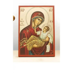 Εικόνα Ορθοδοξίας με περίγραμμα χρυσό σε ξύλο Φλαμουρίας  με  βάση Παναγία της Μεγάλης Χάριτος "Μεγαλόχαρη" με τον Ιησού, Ξύλινη Χειροποίητη Εικόνα με  Ψηφιακή Εκτύπωση Ελληνικό Premium Βυζαντινό Στυλ Κρεμαστό Θρησκευτικό Χειροποίητη Ελληνορθόδοξη εικόνα του Ιησού Χριστού, Κρεμαστή πλάκα βυζαντινής τέχνης, χριστιανική τέχνη 45x35 cm (17,7 x 13,8 ίντσες)  INTRAEK-342111143