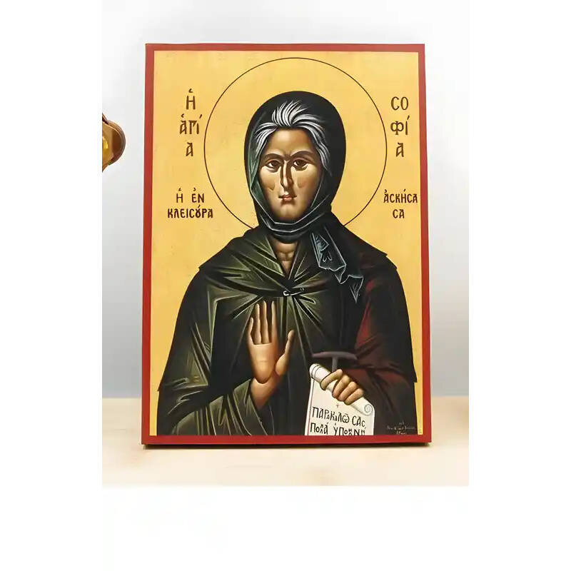 Εικόνα Ορθοδοξίας με περίγραμμα χρυσό σε ξύλο Φλαμουρίας  με  βάση Αγία Σοφία η Ασκήτρια της Κλεισούρας, Ξύλινη Χειροποίητη Εικόνα Ελληνικού Βυζαντινού Στυλ Κρεμασμένη σε ξύλινη πλάκα Χειροποίητη Ελληνορθόδοξη εικόνα του Ιησού Χριστού, Κρεμαστή πλάκα βυζαντινής τέχνης, χριστιανική τέχνη Διάσταση 10x7 cm (3,9 x 2,8 ίντσες)  INTRAEK-11137