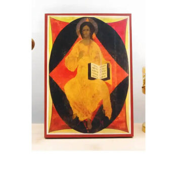 Εικόνα Ορθοδοξίας με περίγραμμα χρυσό σε ξύλο Φλαμουρίας  με  βάση Ιησούς Χριστός Βασιλιάς των Βασιλέων Ενθρονισμένος, Ξύλινη Χειροποίητη Εικόνα Ελληνικού Premium Βυζαντινού Στυλ τοίχου Κρεμασμένη σε ξύλινη πλάκα Θρησκευτικό θέμα Χειροποίητη Ελληνορθόδοξη εικόνα του Ιησού Χριστού, Κρεμαστή πλάκα βυζαντινής τέχνης, χριστιανική τέχνη Διάσταση 40x30 cm (15,8 x 11,8 ίντσες)  INTRAEK-2111135 - Image 1