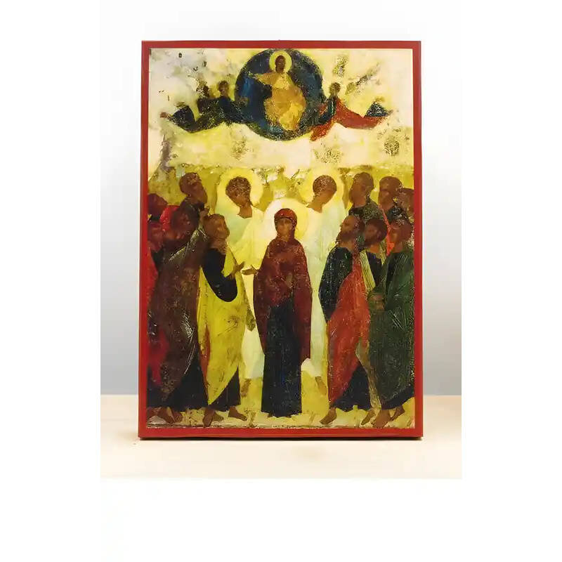 Εικόνα Ορθοδοξίας με περίγραμμα χρυσό σε ξύλο Φλαμουρίας  με  βάση Η Ανάληψη του Ιησού Χριστού στους Ουρανούς Παλιό Στυλ, Ξύλινη Χειροποίητη Εικόνα Ελληνικού Premium Βυζαντινού Στυλ Κρεμασμένο σε ξύλινη πλάκα Θρησκευτικό Χειροποίητη Ελληνορθόδοξη εικόνα του Ιησού Χριστού, Κρεμαστή πλάκα βυζαντινής τέχνης, χριστιανική τέχνη Διάσταση 10x7 cm (3,9 x 2,8 ίντσες)  INTRAEK-11134