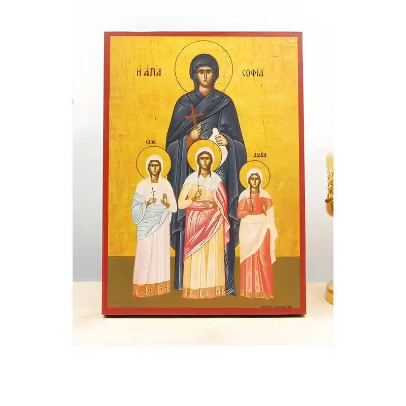 Εικόνα Ορθοδοξίας με περίγραμμα χρυσό σε ξύλο Φλαμουρίας  με  βάση Η Αγία Σοφία της Ρώμης με τις τρεις Κόρες, Ξύλινη Χειροποίητη Εικόνα Ελληνικού Βυζαντινού Στυλ Κρεμασμένη σε ξύλινη πλάκα Θρησκευτικό Θέμα Χειροποίητη Ελληνορθόδοξη εικόνα του Ιησού Χριστού, Κρεμαστή πλάκα βυζαντινής τέχνης, χριστιανική τέχνη Διάσταση 10x7 cm (3,9 x 2,8 ίντσες)  INTRAEK-11129