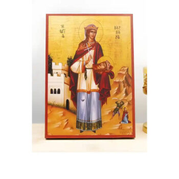 Εικόνα Ορθοδοξίας με περίγραμμα χρυσό σε ξύλο Φλαμουρίας  με  βάση Αγία Βαρβάρα η Μεγαλομάρτυς Ολόσωμος, Ξύλινη Χειροποίητη Εικόνα Ελληνικού Βυζαντινού Στυλ Κρεμαστή σε ξύλινη πλάκα Θρησκευτικό θέμα Χειροποίητη Ελληνορθόδοξη εικόνα του Ιησού Χριστού, Κρεμαστή πλάκα βυζαντινής τέχνης, χριστιανική τέχνη 45x35 cm (17,7 x 13,8 ίντσες)  INTRAEK-342111127 - Image 1