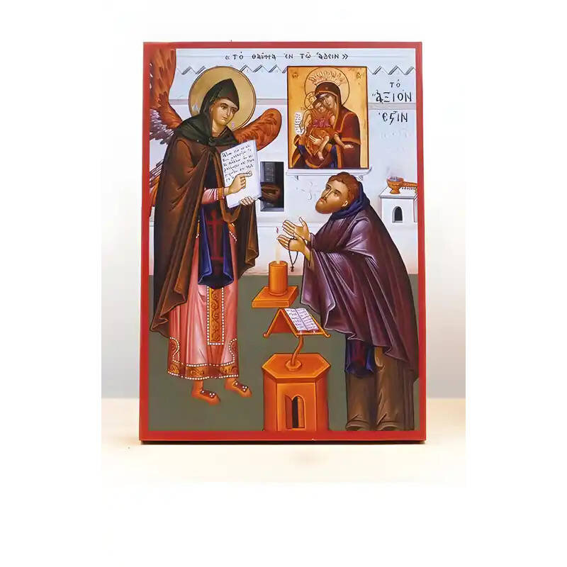 Εικόνα Ορθοδοξίας με περίγραμμα χρυσό σε ξύλο Φλαμουρίας  με  βάση The Miracle of Axion Esti, Ξύλινη Χειροποίητη Εικόνα Ελληνικού Premium Βυζαντινού Στυλ Κρεμαστή σε ξύλινη πλάκα Θρησκευτικό θέμα Χειροποίητη Ελληνορθόδοξη εικόνα του Ιησού Χριστού, Κρεμαστή πλάκα βυζαντινής τέχνης, χριστιανική τέχνη Διάσταση 10x7 cm (3,9 x 2,8 ίντσες)  INTRAEK-11126