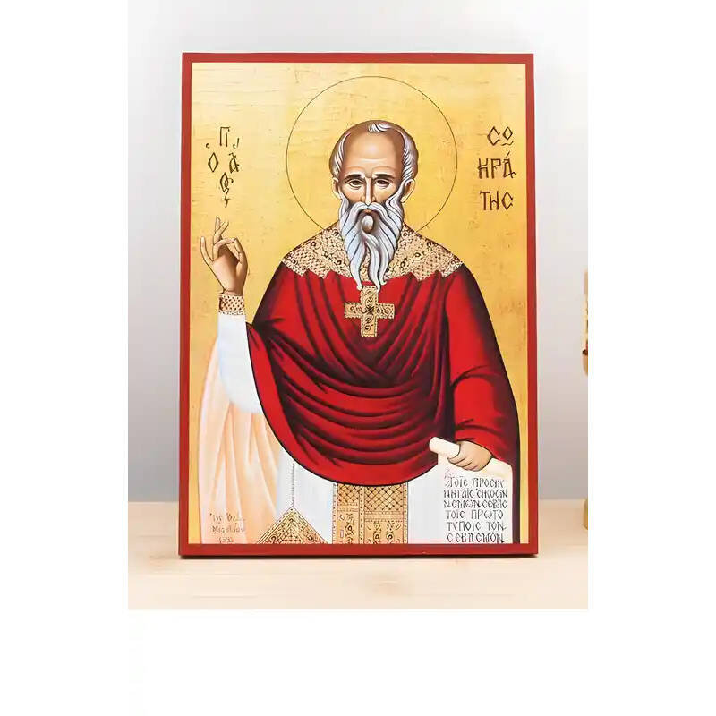 Εικόνα Ορθοδοξίας με περίγραμμα χρυσό σε ξύλο Φλαμουρίας  με  βάση Άγιος Σωκράτης, Ξύλινη Χειροποίητη Εικόνα Ελληνικού Βυζαντινού Στυλ Κρεμαστή σε ξύλινη πλάκα Χειροποίητη Ελληνορθόδοξη εικόνα του Ιησού Χριστού, Κρεμαστή πλάκα βυζαντινής τέχνης, χριστιανική τέχνη Διάσταση 10x7 cm (3,9 x 2,8 ίντσες)  INTRAEK-11123