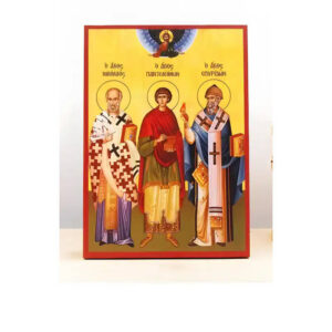 Εικόνα Ορθοδοξίας με περίγραμμα χρυσό σε ξύλο Φλαμουρίας  με  βάση Άγιοι Νικόλαος, Πανταλέων και Σπυρίδων, Ξύλινη Χειροποίητη Εικόνα Ελληνικού Βυζαντινού Στυλ Κρεμαστή σε Ξύλινη Πλάκα Θρησκευτικό Θέμα Χειροποίητη Ελληνορθόδοξη εικόνα του Ιησού Χριστού, Κρεμαστή πλάκα βυζαντινής τέχνης, χριστιανική τέχνη 45x35 cm (17,7 x 13,8 ίντσες)  INTRAEK-342111120