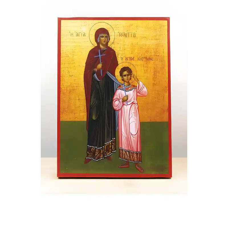 Εικόνα Ορθοδοξίας με περίγραμμα χρυσό σε ξύλο Φλαμουρίας  με  βάση Άγιοι Κύρικος και Ιουλίττα, Ξύλινη Χειροποίητη Εικόνα Ελληνικής Premium Βυζαντινού Στυλ Κρεμασμένη σε ξύλινη πλάκα Χειροποίητη Ελληνορθόδοξη εικόνα του Ιησού Χριστού, Κρεμαστή πλάκα βυζαντινής τέχνης, χριστιανική τέχνη Δίασταση 50x40 cm (19,7 x 15,8)  INTRAEK-11342111119