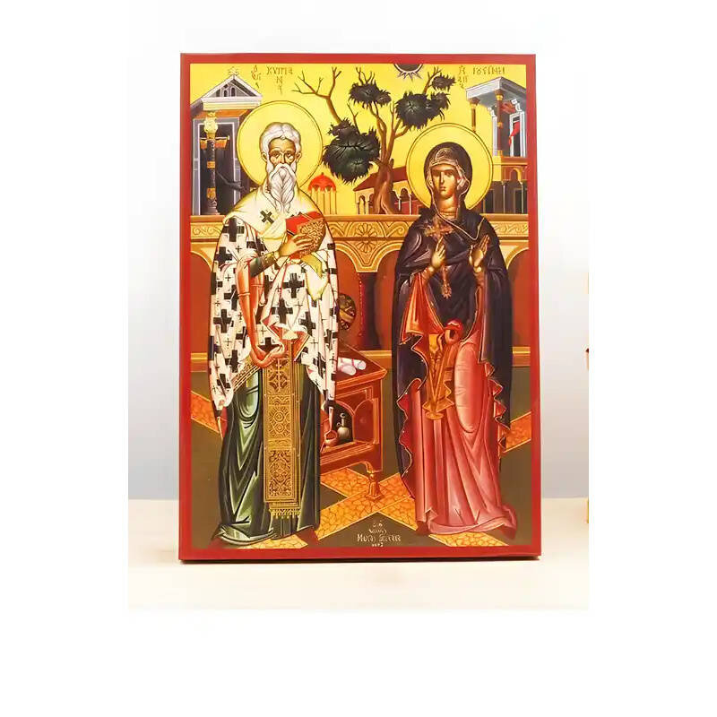 Εικόνα Ορθοδοξίας με περίγραμμα χρυσό σε ξύλο Φλαμουρίας  με  βάση Άγιοι Κύπριος και Ιουστίνα, Ξύλινη Χειροποίητη Εικόνα Ελληνικού Premium Βυζαντινού Στυλ Κρεμαστή σε ξύλινη πλάκα Θρησκευτικό θέμα Χειροποίητη Ελληνορθόδοξη εικόνα του Ιησού Χριστού, Κρεμαστή πλάκα βυζαντινής τέχνης, χριστιανική τέχνη Δίασταση 50x40 cm (19,7 x 15,8)  INTRAEK-11342111115