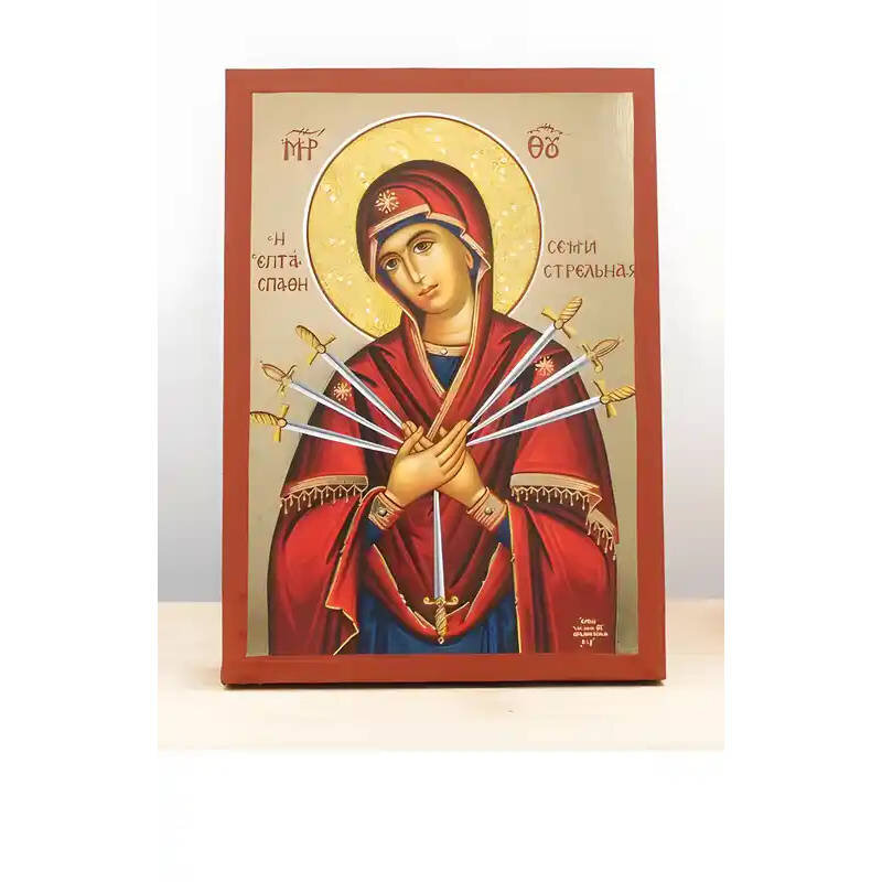 Εικόνα Ορθοδοξίας με περίγραμμα χρυσό σε ξύλο Φλαμουρίας  με  βάση Παναγία των Θλίψεων «Μαλακτικό των Καρδιών» Επταξίφη, Ξύλινη Χειροποίητη Εικόνα με  Ψηφιακή Εκτύπωση Ελληνικού Βυζαντινού Στυλ τοίχου Χειροποίητη Ελληνορθόδοξη εικόνα του Ιησού Χριστού, Κρεμαστή πλάκα βυζαντινής τέχνης, χριστιανική τέχνη Δίασταση 50x40 cm (19,7 x 15,8)  INTRAEK-11342111109