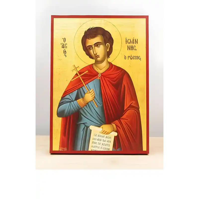 Εικόνα Ορθοδοξίας με περίγραμμα χρυσό σε ξύλο Φλαμουρίας  με  βάση Άγιος Ιωάννης ο Ρώσος, Ξύλινη Χειροποίητη Εικόνα Ελληνικής Premium Βυζαντινού Στυλ Κρεμασμένη σε ξύλινη πλάκα Χειροποίητη Ελληνορθόδοξη εικόνα του Ιησού Χριστού, Κρεμαστή πλάκα βυζαντινής τέχνης, χριστιανική τέχνη Διάσταση 10x7 cm (3,9 x 2,8 ίντσες)  INTRAEK-11095