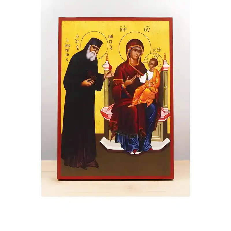 Εικόνα Ορθοδοξίας με περίγραμμα χρυσό σε ξύλο Φλαμουρίας  με  βάση Άγιος Παΐσιος με την Παναγία και τον Ιησού Χριστό, Ξύλινη Χειροποίητη Εικόνα Ελληνικού Βυζαντινού Στυλ Κρεμασμένη σε ξύλινη πλάκα Χειροποίητη Ελληνορθόδοξη εικόνα του Ιησού Χριστού, Κρεμαστή πλάκα βυζαντινής τέχνης, χριστιανική τέχνη Διάσταση 10x7 cm (3,9 x 2,8 ίντσες)  INTRAEK-11089