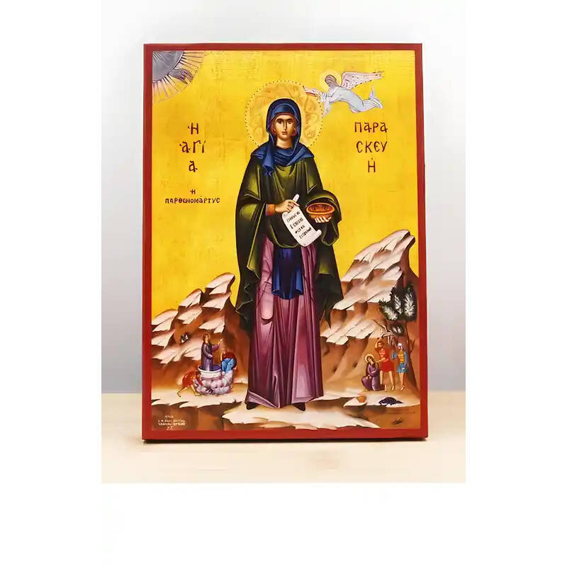 Εικόνα Ορθοδοξίας με περίγραμμα χρυσό σε ξύλο Φλαμουρίας  με  βάση Παρασκευή της Ρώμης Ολόσωμο, Ξύλινη Χειροποίητη Εικόνα Ελληνικού Premium Βυζαντινού Στυλ Κρεμασμένο σε ξύλινη πλάκα Χειροποίητη Ελληνορθόδοξη εικόνα του Ιησού Χριστού, Κρεμαστή πλάκα βυζαντινής τέχνης, χριστιανική τέχνη Διάσταση 10x7 cm (3,9 x 2,8 ίντσες)  INTRAEK-11087