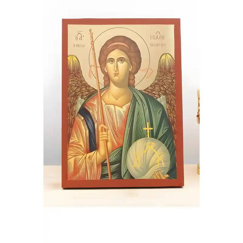 Εικόνα Ορθοδοξίας με περίγραμμα χρυσό σε ξύλο Φλαμουρίας  με  βάση Αρχάγγελος Μιχαήλ "Μέγας Ταξιάρξης", Ξύλινη Χειροποίητη Εικόνα μεΨηφιακή Εκτύπωση Ελληνικής Βυζαντινής τεχνοτροπίας Κρεμασμένη σε ξύλινη πλάκα Χειροποίητη Ελληνορθόδοξη εικόνα του Ιησού Χριστού, Κρεμαστή πλάκα βυζαντινής τέχνης, χριστιανική τέχνη Διάσταση 10x7 cm (3,9 x 2,8 ίντσες)  INTRAEK-11083