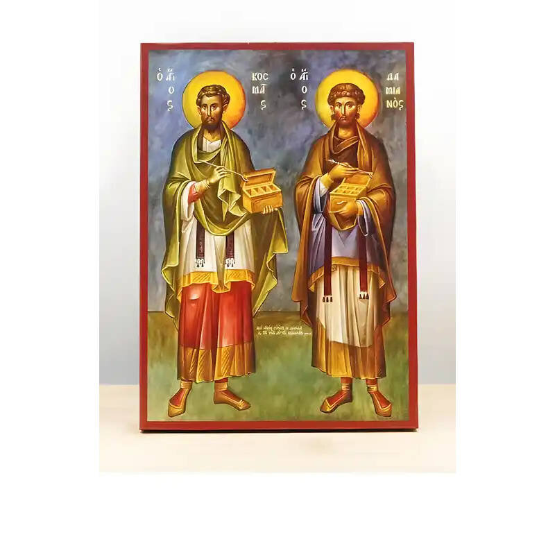 Εικόνα Ορθοδοξίας με περίγραμμα χρυσό σε ξύλο Φλαμουρίας  με  βάση Άγιοι Άγιοι Ανεργοφόροι Κοσμάς και Δαμιανός Γαλάζιος, Ξύλινη Χειροποίητη Εικόνα Ελληνικού Βυζαντινού Στυλ Κρεμαστή σε ξύλινη πλάκα Χειροποίητη Ελληνορθόδοξη εικόνα του Ιησού Χριστού, Κρεμαστή πλάκα βυζαντινής τέχνης, χριστιανική τέχνη Διάσταση 10x7 cm (3,9 x 2,8 ίντσες)  INTRAEK-11082