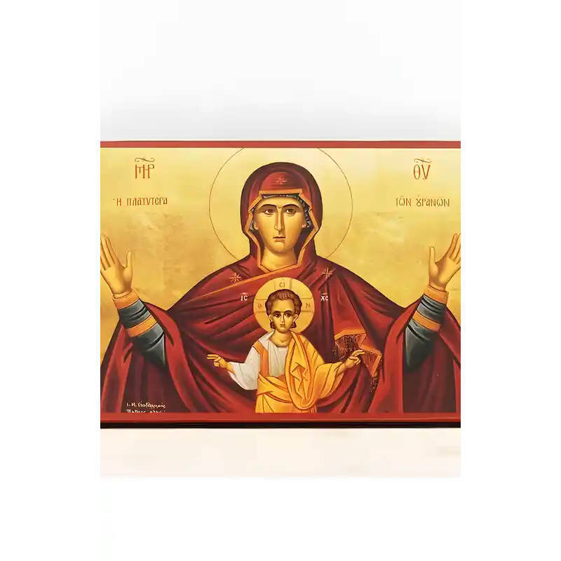 Εικόνα Ορθοδοξίας με περίγραμμα χρυσό σε ξύλο Φλαμουρίας  με  βάση Παναγία Πιο ευρύχωρη και από τους ουρανούς «Πλατυτέρα», Ξύλινη Χειροποίητη Εικόνα Ελληνικού Premium Βυζαντινού Στυλ Κρεμασμένο σε ξύλινη πλάκα Χειροποίητη Ελληνορθόδοξη εικόνα του Ιησού Χριστού, Κρεμαστή πλάκα βυζαντινής τέχνης, χριστιανική τέχνη Διάσταση 10x7 cm (3,9 x 2,8 ίντσες)  INTRAEK-11080